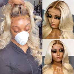 4/613 Ombre Body Wave Lace Frontal Wig 13x4 Platinum Blonde Closure Wig Remy Brazilian Laces Front Wigs Human Hair Bleached Knots