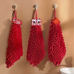 Towel Chinese Style Red Hand Embroidery Lucky Lion Kitchen Chenille Hanging Absorbent Towels Luxury For Bathroom Gift