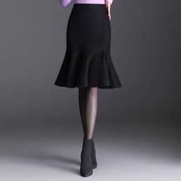 elegant fishtail skirt Australia - Skirts Fashion Knitted Bodycon Fishtail Skirt For Women Autumn Winter High Waist Slim Casual Elegant Chic Knee-length Black Y856