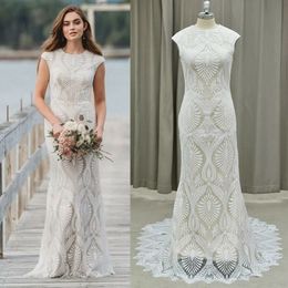 Charming Lace Bohemian Wedding Dress O Neck Sleeveless Mermaid Boho Bridal Dress Full Length Beach Low Back Hippies Bride Gown 2022 Robe Mariage Vestido De Novia