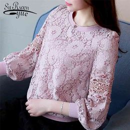 Fashion Pink Lace Blouse Women Shirt Long Sleeve Hollow Lace Women Blouse Ladies Tops Shirt Women's Clothing Blusas 668C 30 210326