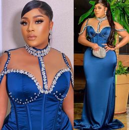 2022 Plus Size Arabic Aso Ebi Royal Blue Mermaid Prom Dresses Crystals Satin Evening Formal Party Second Reception Birthday Engagement Gowns Dress ZJ761