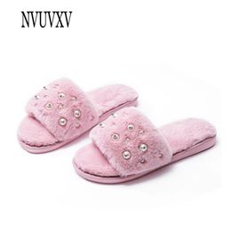 plush Winter Woman Cotton slippers Slip on Warm Shoes nonslip flats Female spring autumn winter House Shoes pearl decor sh027 201023