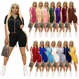 Hot Sell Korean Velvet Zipper Tracksuits For Womens Short Sleeve Crop Tops And Drawstring Shorts Sport 2 Piece Sets A188