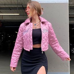 Women's Suits & Blazers Autumn Style 2022 Pink Solid Colour Letter Embroidered Casual Stand-up Collar Jacket Winter Coats Shiny Coat Cropped