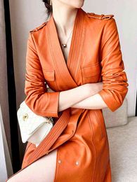 Lautaro Spring Autumn Long Orange Soft Pu Leather Trench Coat for Women with Deep V Neck Double Breasted Designer Luxury Clothes L220728