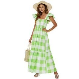 Casual Dresses Summer 2022 Women Green Plaid Print Long Dress Flying Sleeves Suspenders Floor Beach DressesCasual