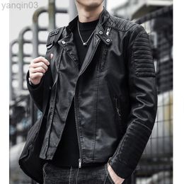 2022 New Clothing Men Slim Fit Jacket Fashion Solid Colour Motorcycle Winter Jackets Windproof Black Leather Jacket L220801