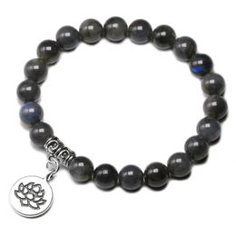 Charm Bracelets Natural India Labradorite Beads Bracelet 8mm Lucky Gray Blue Stone Women Men Lotus Jewelry DropshipCharmCharm