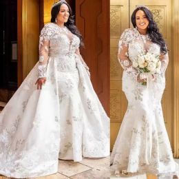 2022 Plus Size Mermaid Wedding Dresses with Detachable Train Jewel Neck Bridal Gown Lace Applique Ruffles Custom Made Country vestidos