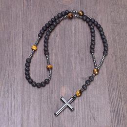 Pendant Necklaces 8mm Lava Stone With Hematite Cross Catholic Rosaries Men's Rosary Beads Natural Tiger Eye Stones Necklace For ManPenda