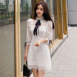 Runway Fashion Temperament OL Women's Slim Lace Dresses SweetNeckline Bow Set in Drill Sexy Hollowing Lace Dress Girl