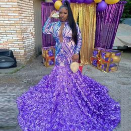 Elegant Lilac Lace Mermaid Prom Party Dresses For Black Girl Sexy Kehole Neck Long Sleeves With 3D Floral Flowers Formal Evening Ocn Gowns