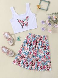 Girls Tank Top & Allover Floral Print Skirt SHE