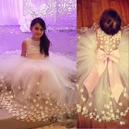 Lovely Flower Girls Dresses For Weddings Jewel Neck Tulle 3D Floral Flowers Sleeveless Big Bow Princess Kids Birthday Girl Pageant Gowns 403