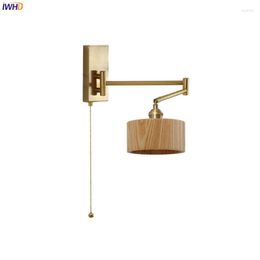 Wall Lamp Left Right Rotate LED Sconce Pull Chain Switch Bedroom Bathroom Mirror Stair Light Wooden Lampshade WandlampWall