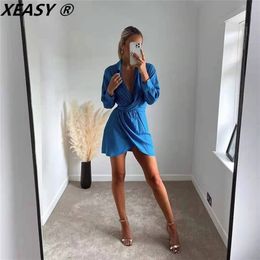 XEASY Elegant Dresses For Women Blue Long Sleeve Vintage Dress Female Casual Sashes Shirt Dress Fashion Regular Mini Dress 220316