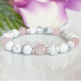 MG1523 Strand Natural Howlite & Rose Quartz Gemstone Bracelet Healing Crystals Mala Bracelet for Calming Stress Relief Insomnia