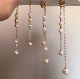 5-6mm 5 Pearl Long tassel Stud Dangle & Chandelier Freshwater pearl Earrings white Lady/girl Fashion jewelry