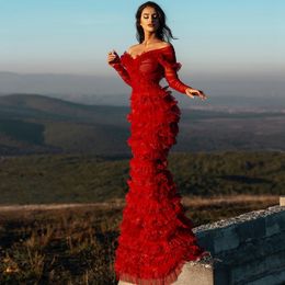 Exquisite Red Sweetheart Prom Dresses Cap Sleeves Long Evening Dress Custom Made Tiered Ruffles Tulle Party Gown