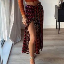 PUWD Women Knotted Embellished Print Side Slit Skirt Summer Holiday Vintage Beach Ladies Ball Skirts Bohemia Female Bottoms 220317