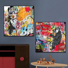 Colourful Wall Decor Abstract Wall Art Canvas Painting Pictures Funny Monkey Elegant Lady Portrait Poster and Prints for Living Room Bedroom Office