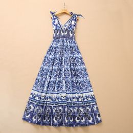 Casual Dresses European and American women's summer new Sleeveless bow V-neck blue court print Fashionable cotton pleated dress