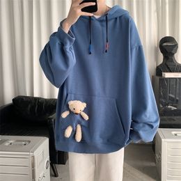 Men's Cotton Pure Colour Cute Hoodies Oversized Streetwear Male Clothes Pullover Top Loose Sweatshirts Casual Big Pockets Coats 220406