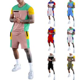 Summer men's sports Tracksuits fitness short sleeve T-shirt round neck casual Colour matching five point shorts through foreign trade suit men's street