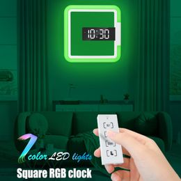 Wall Lamp Colock Thermometer Remote Control Colorful Led Mirror Hollow Wall Clock Ring Light Thermometer Digital Alarm Clock New