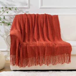 Blankets Yaapeet 100% Acrylic Breathable Blanket Knitted Mesh Hollow Solid Throw With Tassel Lightweight Decorative Bed