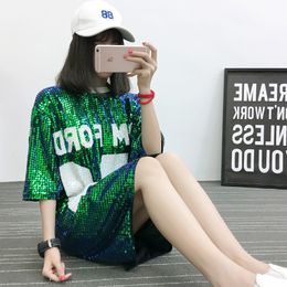sexy hip hop dresses Australia - Women's 61 Numbers t shirts Sexy Nightclub collage stitching Dress loose Mid Sleeve Long Top Fashion Loose Sequin T-Shirt for women street hip hop clothing