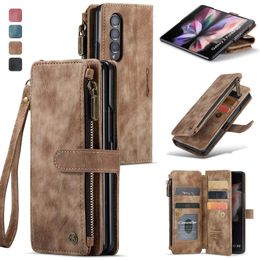 Retro Leather Purse Stand Flip Wallet Cases For Samsung Galaxy Z Fold 3 Zipper Pocket Phone Cover