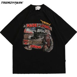 Oversized T Shirts Vintage Goth Punk Print Washed Distress O-neck Cotton Tops Harajuku Streetwear Casual Summer Men T-shirt