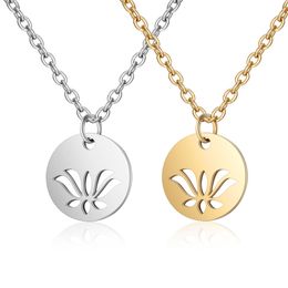 30PCS Stainless Steel Lotus Flower in Round Coin Necklace for Women Femme Minimalist Hollow Open OM Yoga Symbol Charm Pendant Chain Choker Collar Jewellery