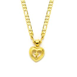 Pendant Necklaces Heart Cross 14k Solid Yellow Gold GF Italian Figaro Link Chain Necklace 24" 3 Mm WomensPendant