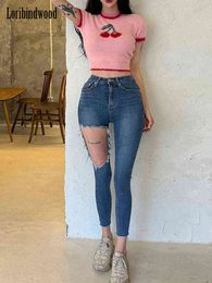 2022 Summer Hot Girls New Korean Sexy Big Hole Show Thin Versatile Elastic Tight Height Waist Small Foot Jeans Women Tide L220726