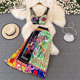 Summer Boho Beach Holiday Two Piece Set Women Skirt Suit Sexy Strapless Crop Top And High Waist Pleated Long Skirt Outfits 220421