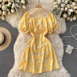 Summer Chiffon Vestidos Female Floral Pattern Slimming Square Neck Bubble Short Sleeve Waist Mini Dress C557 210506