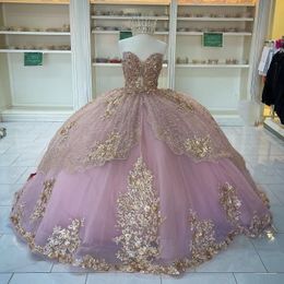 Pink Sleeveless Beading Crystal Ball Gown Quinceanera Dresses With Gold Appliques Lace Ruffles Corset Sweet 15 Girls Party