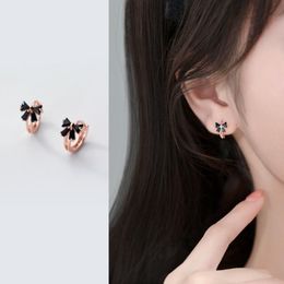 Hoop & Huggie 100% Real 925 Sterling Silver Black Cubic Zirconia Bowknot Rose Gold Small Earrings Cute Hoops For Ear LobesHoop