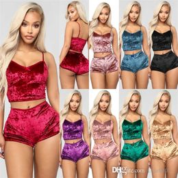 Conjuntos de pijamas femininos sexy de veludo de grife, blusas femininas com decote em V e tops curtos, terno 2 peças, roupas de dormir para meninas, pijamas, lingerie