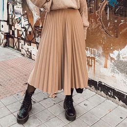 Skirts Spring 2022 Women Long Maxi Pleated Skirt Midi High Waist Elastic Casual Party Vintage OL Lady Black