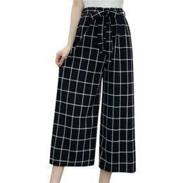 Summer New Striped Style Black Loose High Waist Crop Casual Pants Women One Size Chiffon Wideleg Pants Plus Size 201113