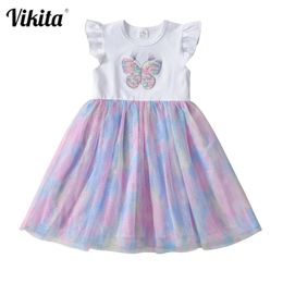 VIKITA Girls Butterfly Dresses Kids Sequins Costumes Children Flare Sleeve Vestidos Toddler Colorful Dress Summer Clothing 220426