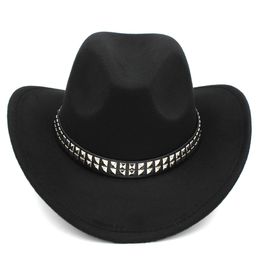Women Men Western Cowboy Hats Wide Brim Cowgirl Jazz Cap with Punk Rivet Leather Band