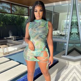 Summer Mesh Print Two Pieces Set Women Sleeveless Skinny Bodysuits+Bandage Skirt Party Clubwear Vacation Matching Outfits 220507