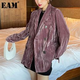 Women Light Purple velvet Double Breasted Blazer Lapel Long Sleeve Loose Jacket Fashion Spring Autumn 1DD6443 210512