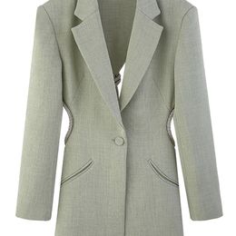 DEAT Autumn And Spring fashion women clothes hollow out backless light green color high waist blazer FS109706L 220402