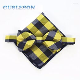 Bow Ties GUSLESON Fashion Men's Bowtie And Pocket Squares Set Man Tie Handkerchief For Wedding Vintage Plaid Hanky Necktie Fred22